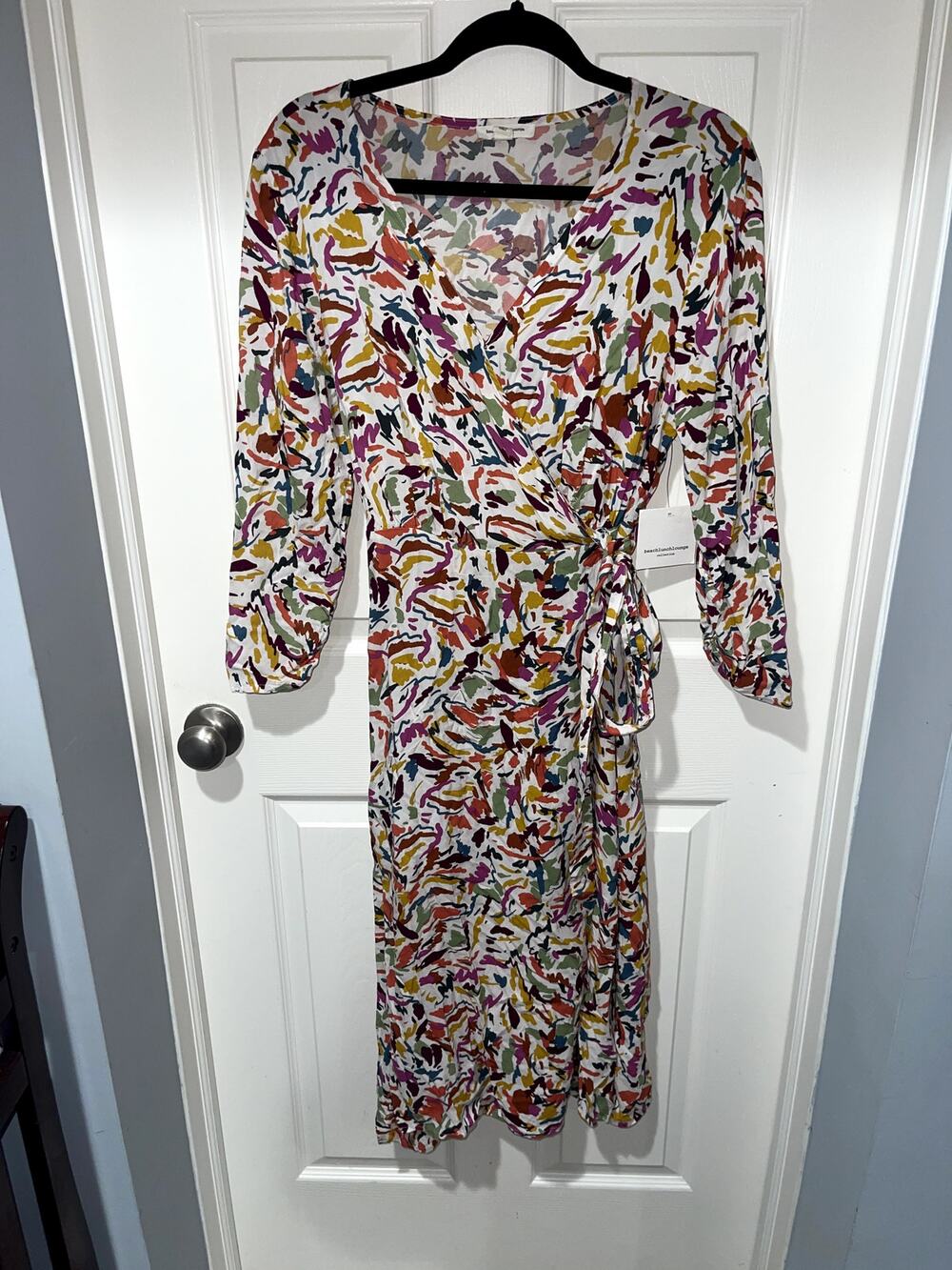 BeachLunchLounge Abstract Multi-Color Brushstroke Long Sleeve Wrap Dress